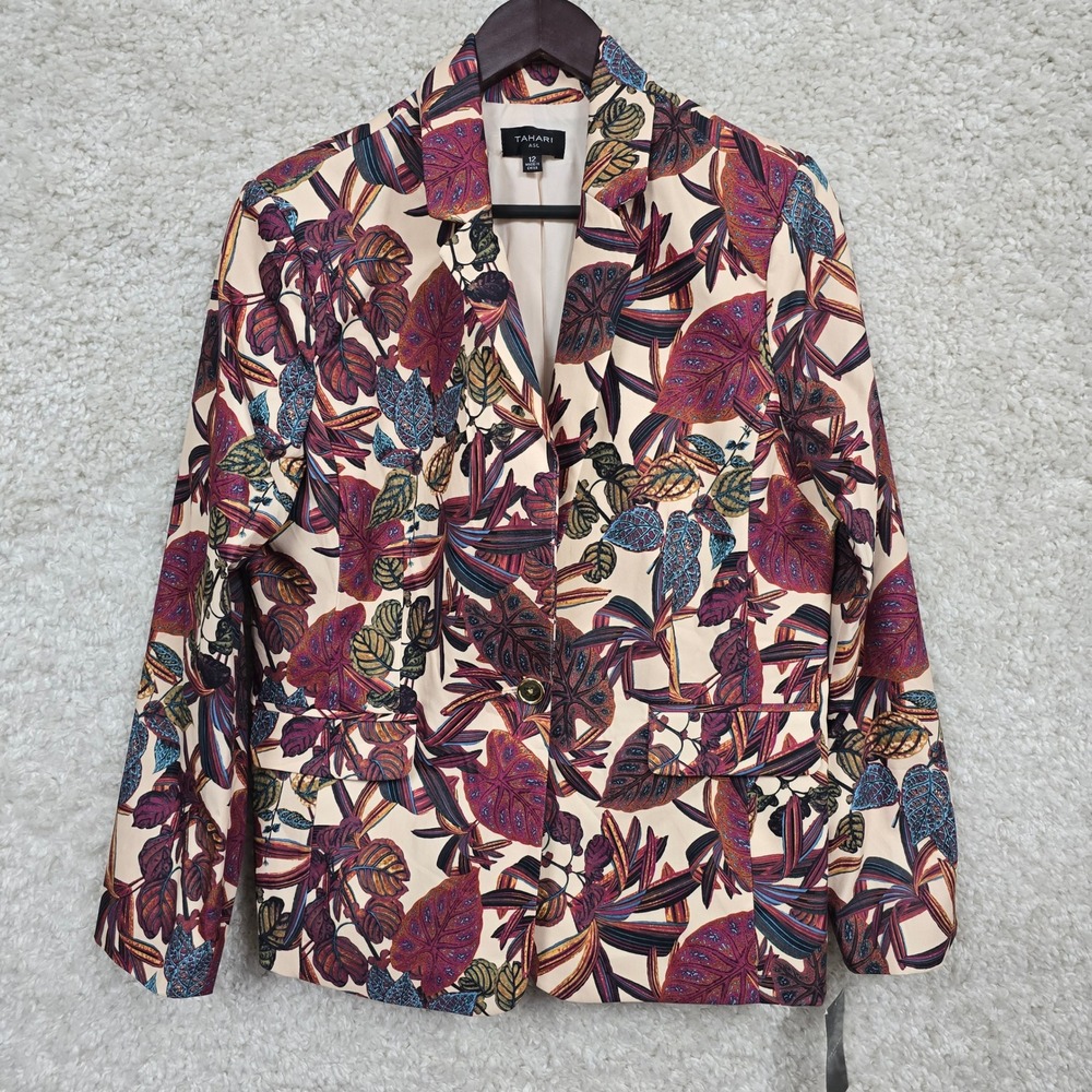 Tahari ASL Printed 1 Button Blazer Womens 12 Wild Berry Tropical Floral Office